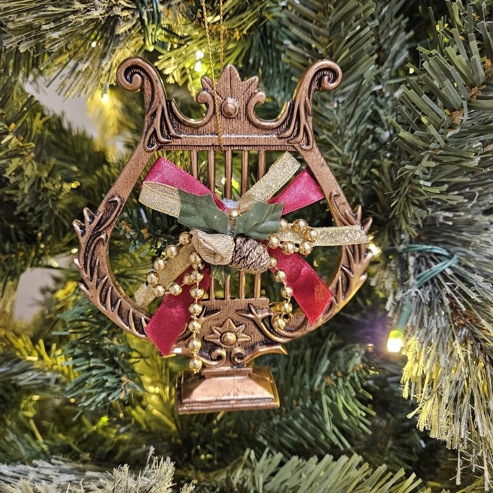 VINTAGE Golden Harp Decorated Large Holiday Christmas Ornament